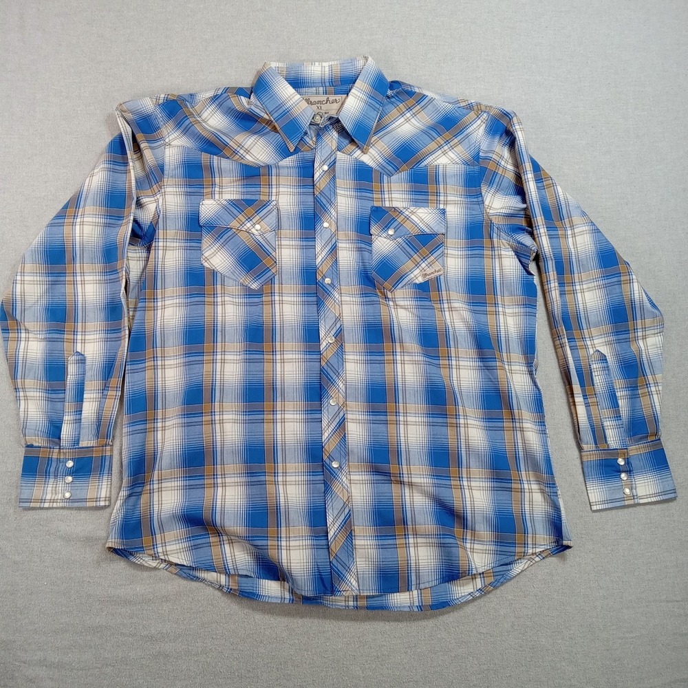 Wrangler Riata XL Blue Tan Plaid Western Pearl Snap Shirt Long Sleeve Wrancher